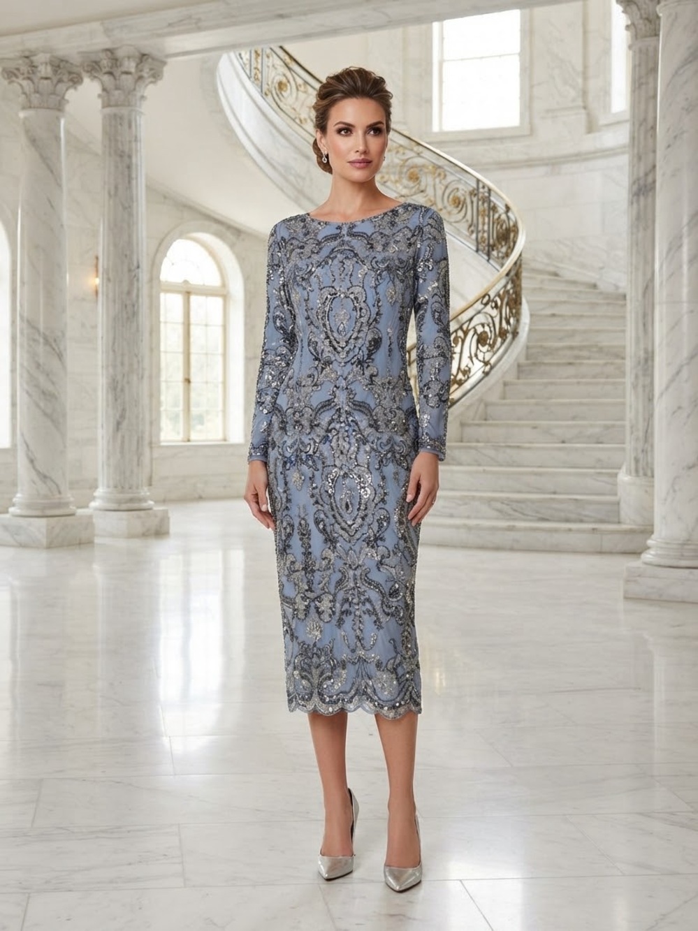 Adrianna Papell Light Blue Sequined Lace Midi Dress